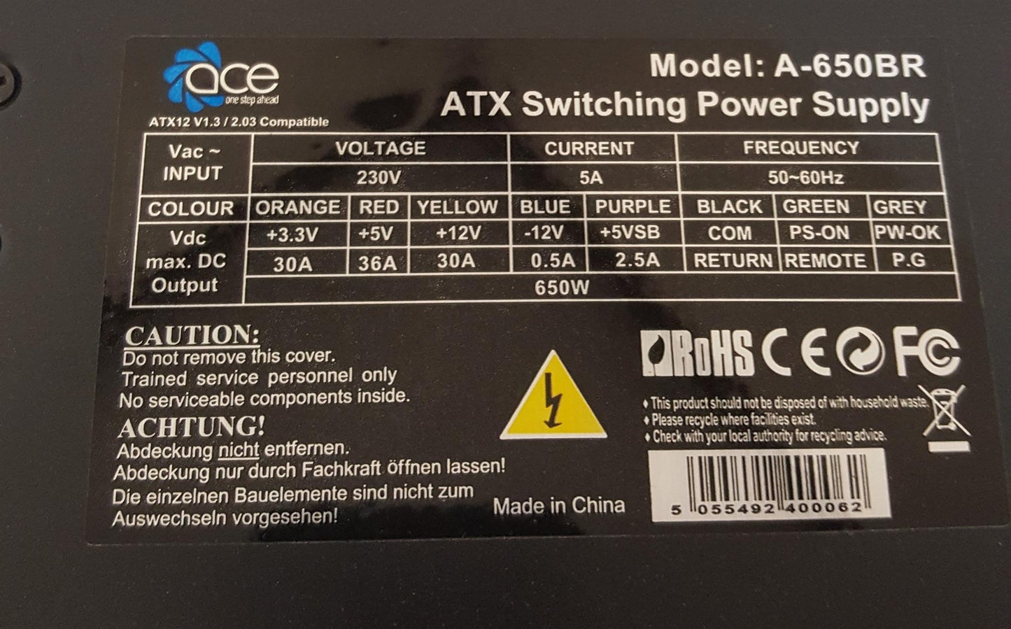 ACE A-650BR 650W Desktop PSU ATX Power Supply Unit