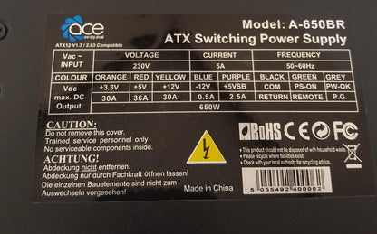 ACE A-650BR 650W Desktop PSU ATX Power Supply Unit