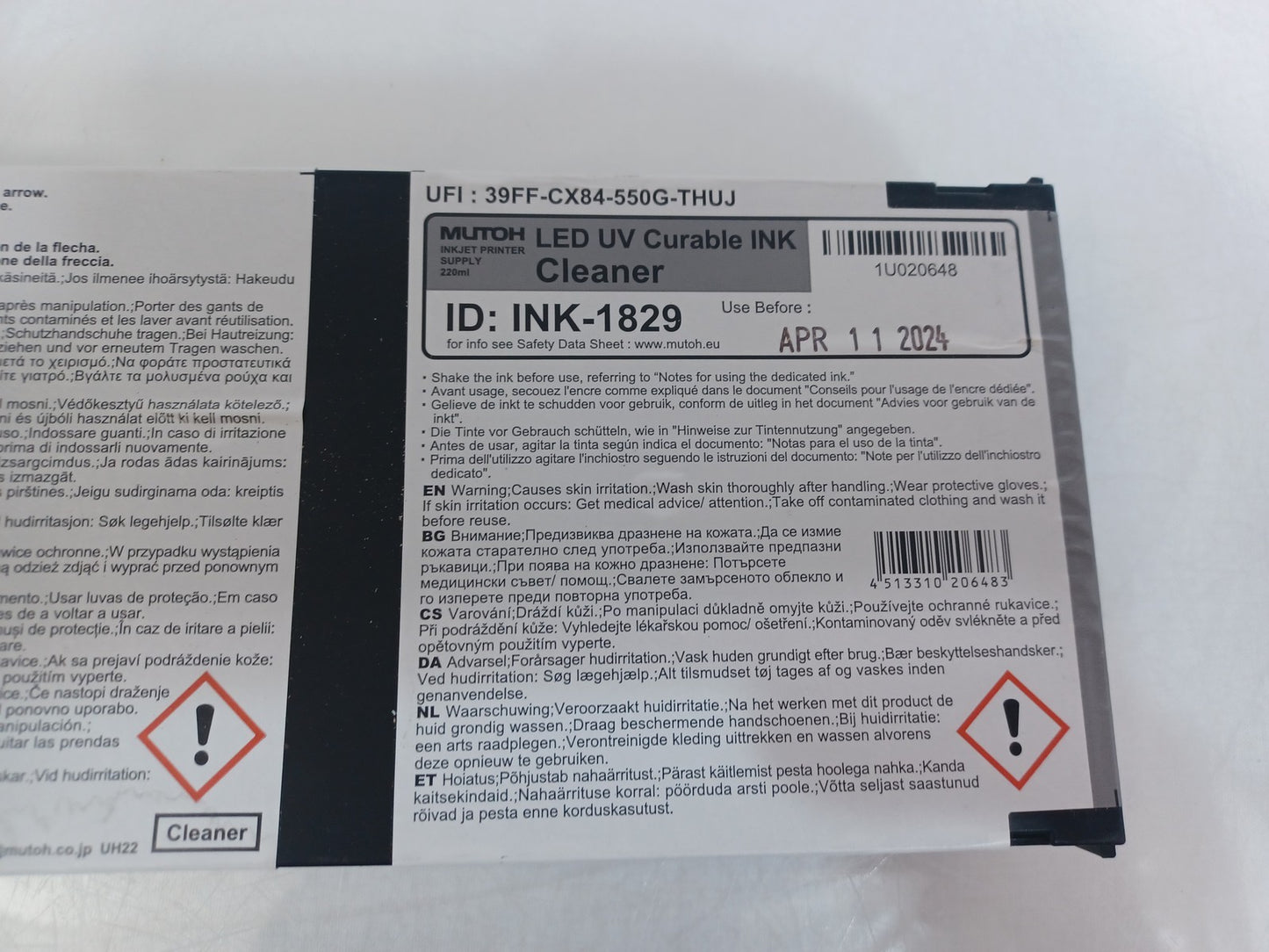 Mutoh US11-CL220E LED UV Curable Ink 220ml Cleaner - New - Expiry 11/04/24