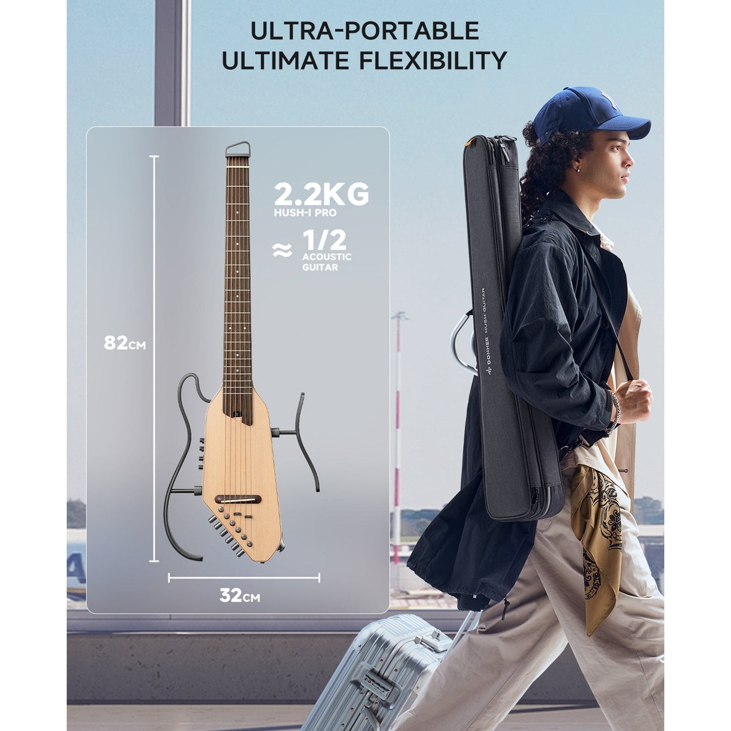 Donner HUSH-1PRONAT Headless Electric Guitar ~ Natural