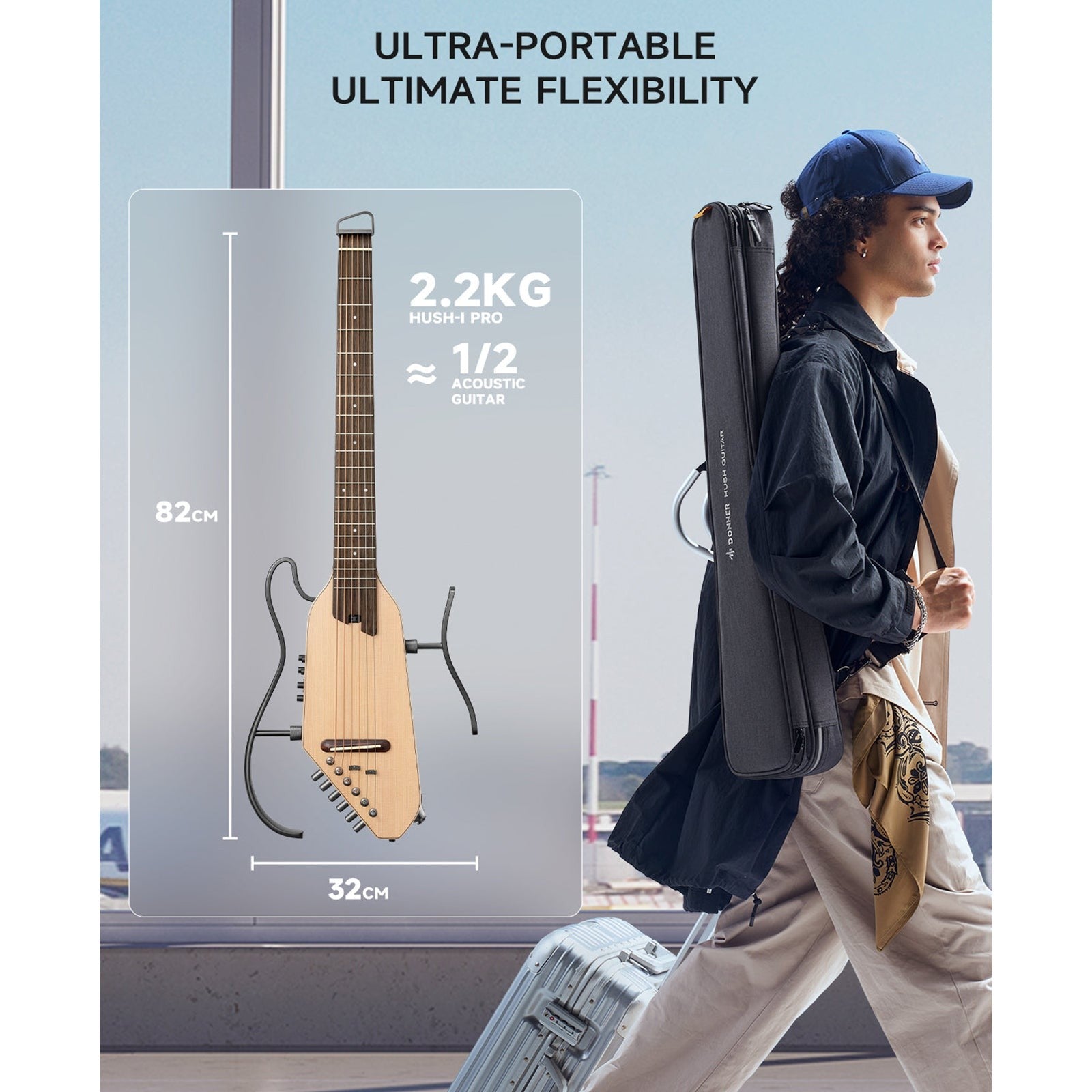 Donner HUSH-1PRONAT Headless Electric Guitar ~ Natural