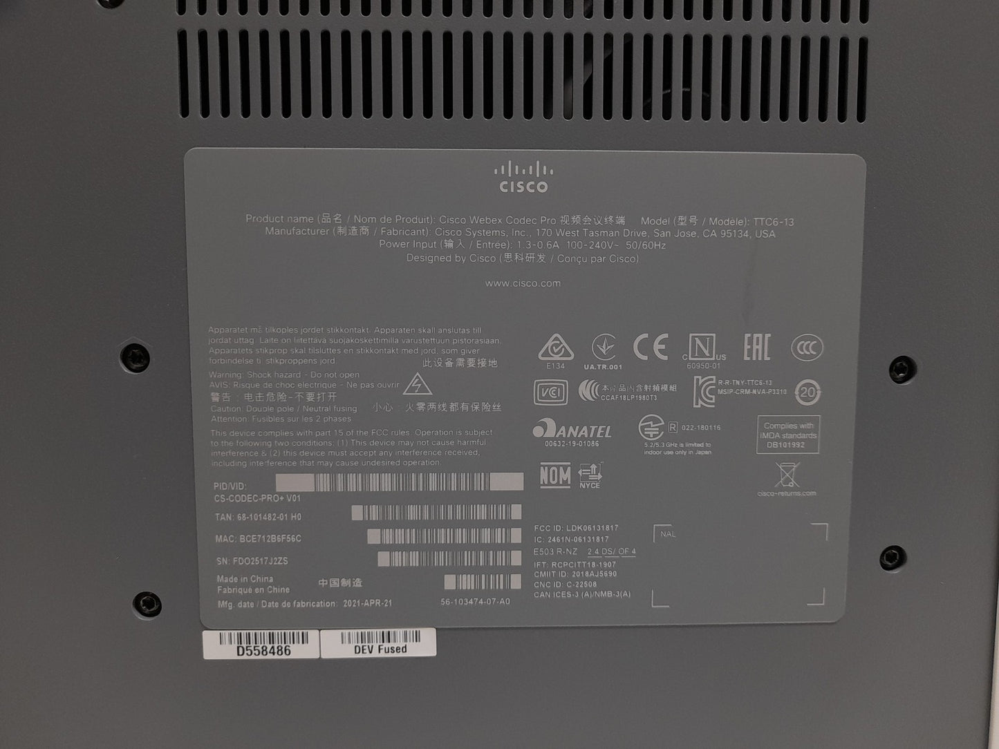 Cisco TTC6-13 CS-CODEC-PRO+V01 Webex Codec Pro Video Conferencing System