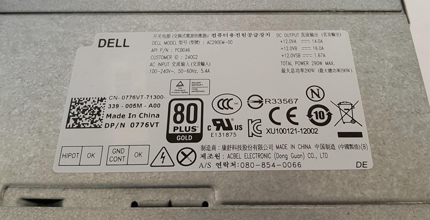 Dell 3020 7020 9020 290W Power Supply Unit 0776VT 776VT