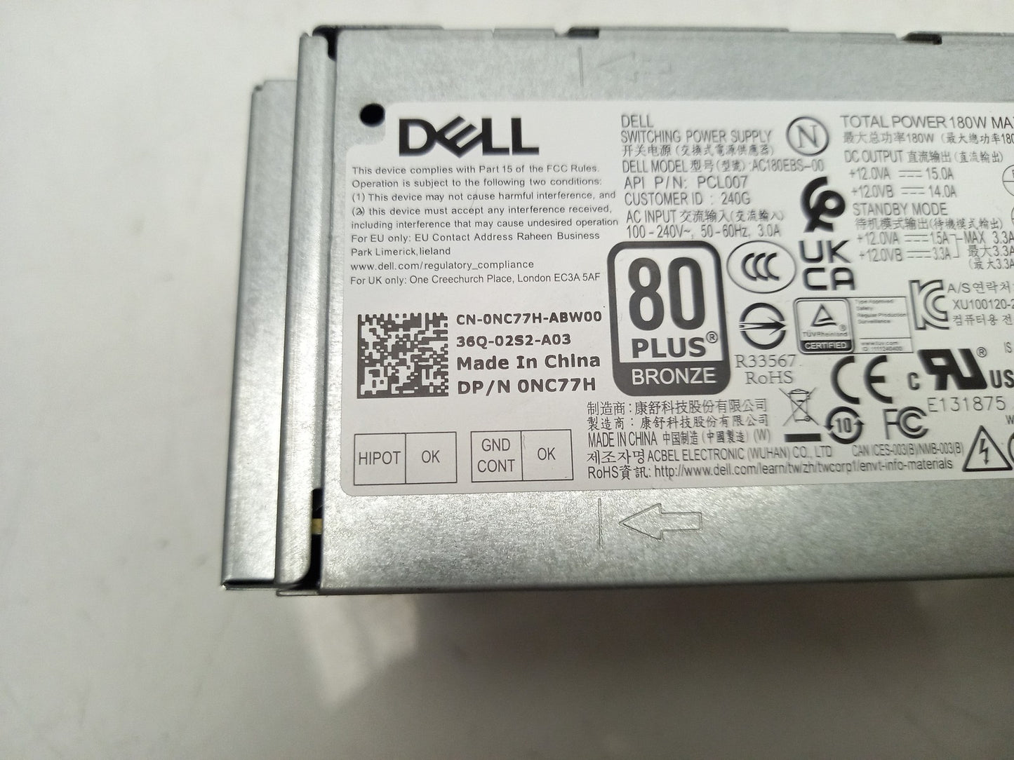 Dell Inspiron 3910 180W SFF Desktop Power Supply Unit 0NC77H NC77H AC180EBS-00