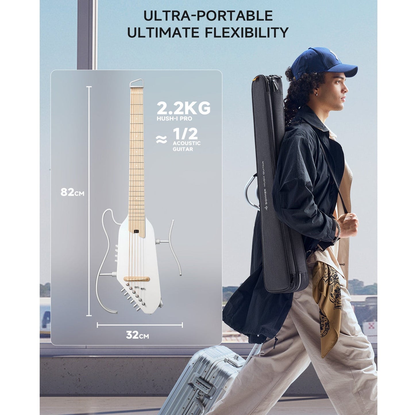 Donner HUSH-1PROWH Headless Electric Guitar ~ White