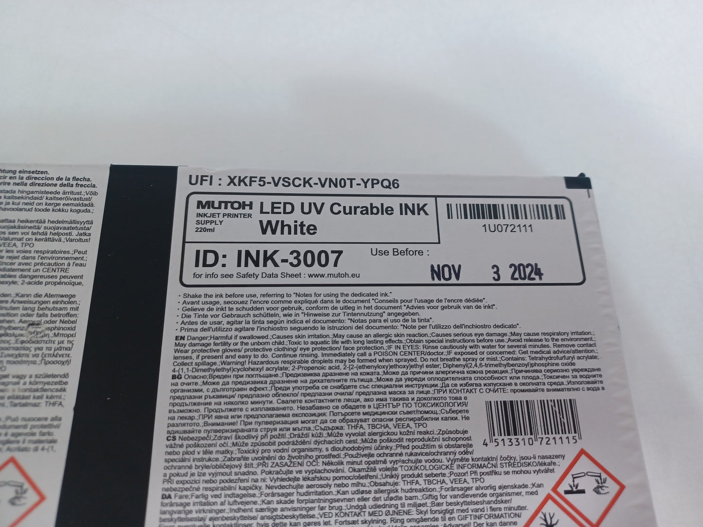 Mutoh US11-WH220E LED UV Curable Ink 220ml White - New - Expiry 03/11/24