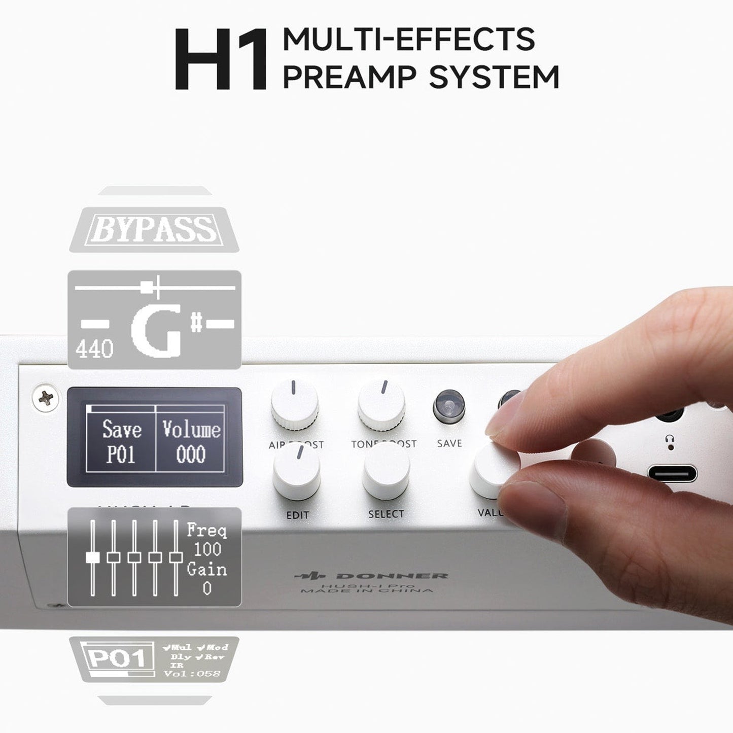 Donner HUSH-1PROWH Headless Electric Guitar ~ White