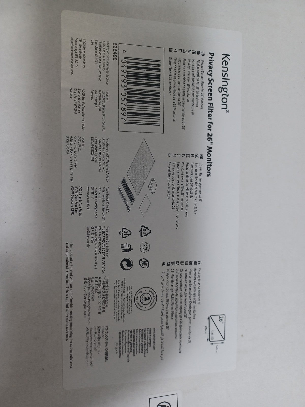 Kensington Privacy Screen Filter For 26" Monitors 16:10 2-Way Removable 626490