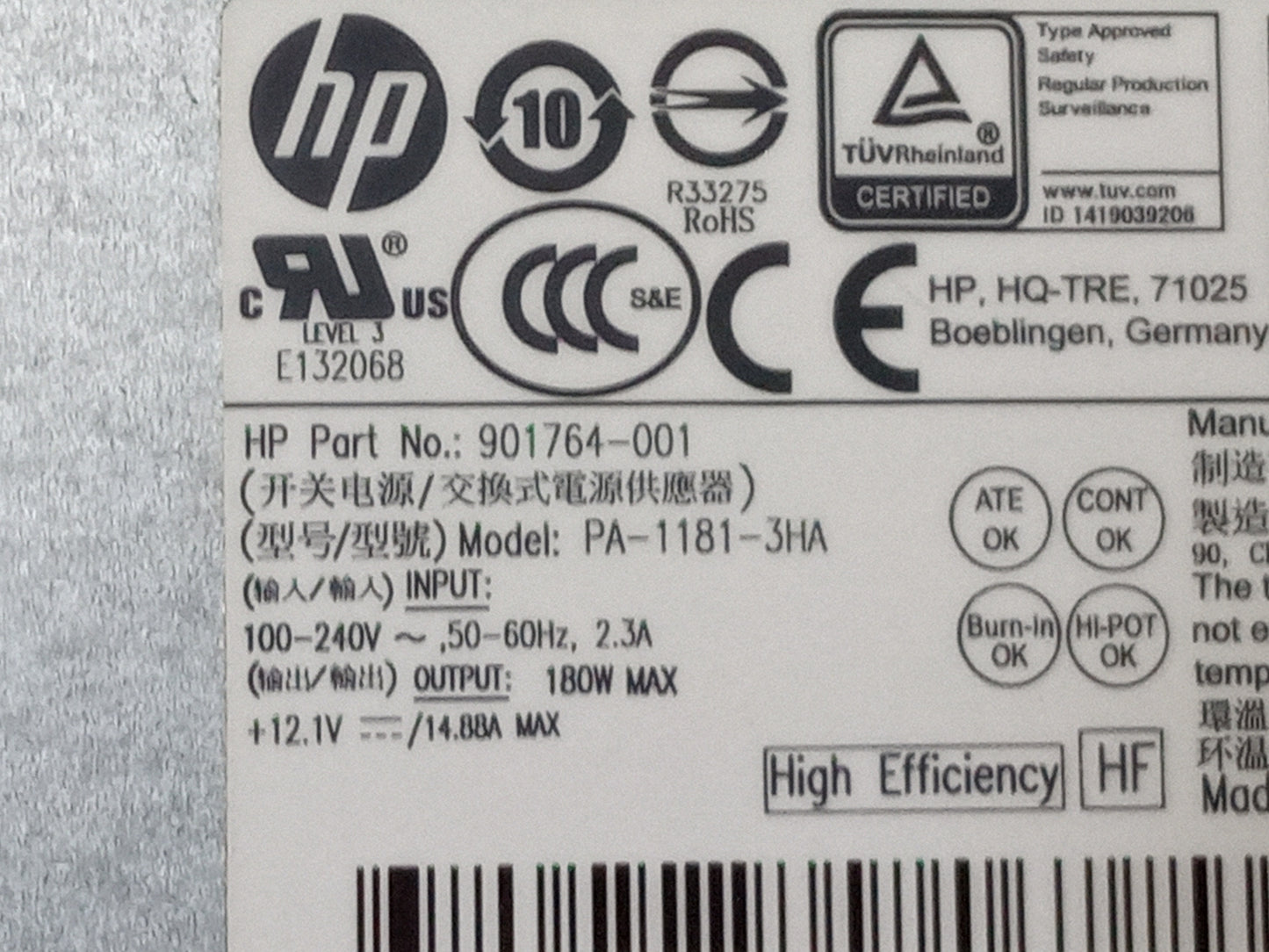 HP ProDesk 600 G3 180W Power Supply Unit 901764-001 PA-1181-3HA