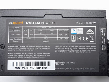Be Quiet! S8-400W System Power 8 400W Desktop PC Computer Power Supply Unit
