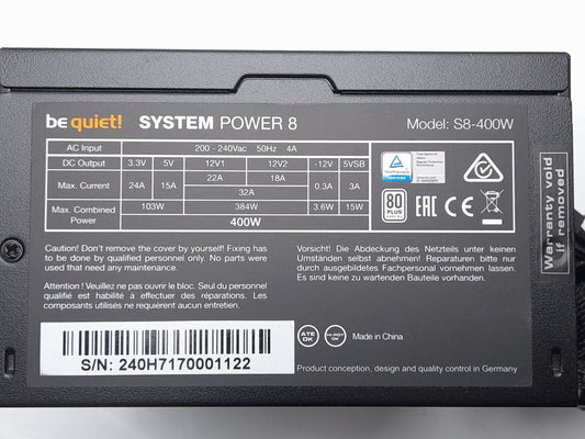 Be Quiet! S8-400W System Power 8 400W Desktop PC Computer Power Supply Unit