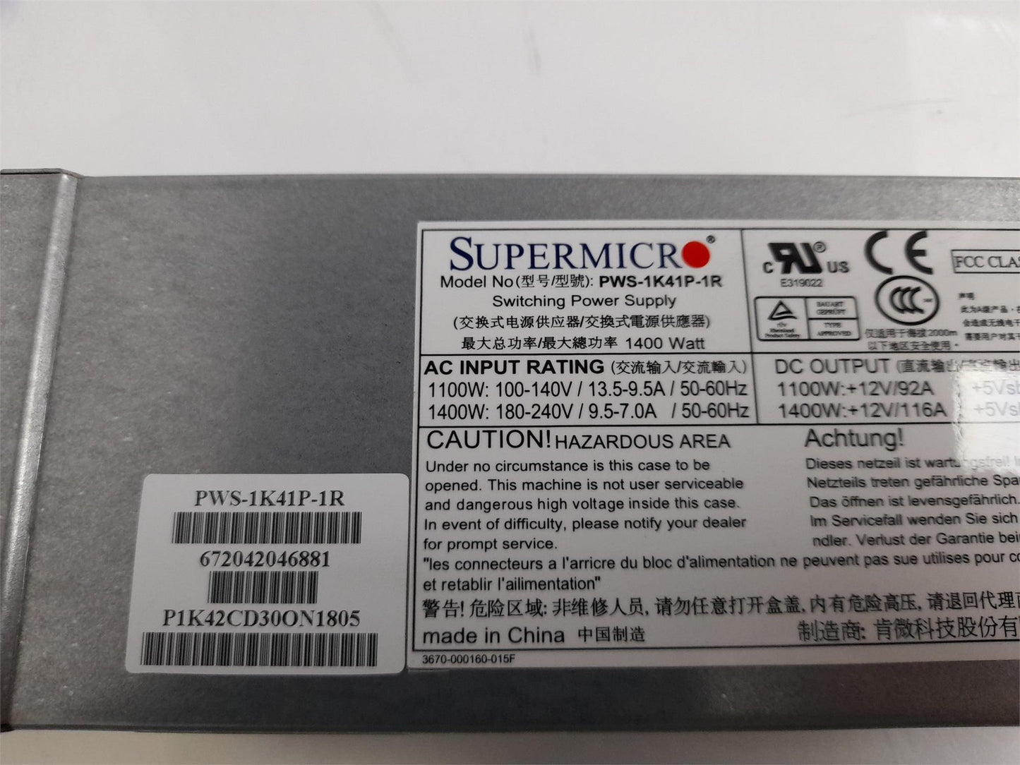 SuperMicro PWS-1K41P-1R 1400W Server Power Supply Unit