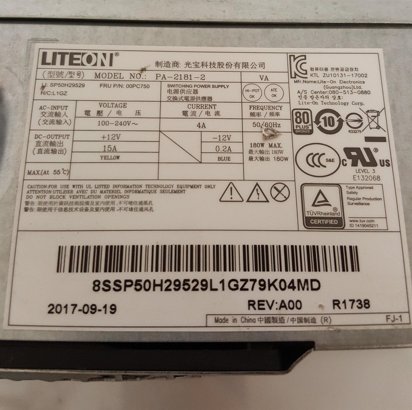 Lenovo ThinkCentre 180W LiteOn Power Supply Unit PA-2181-2 00PC750