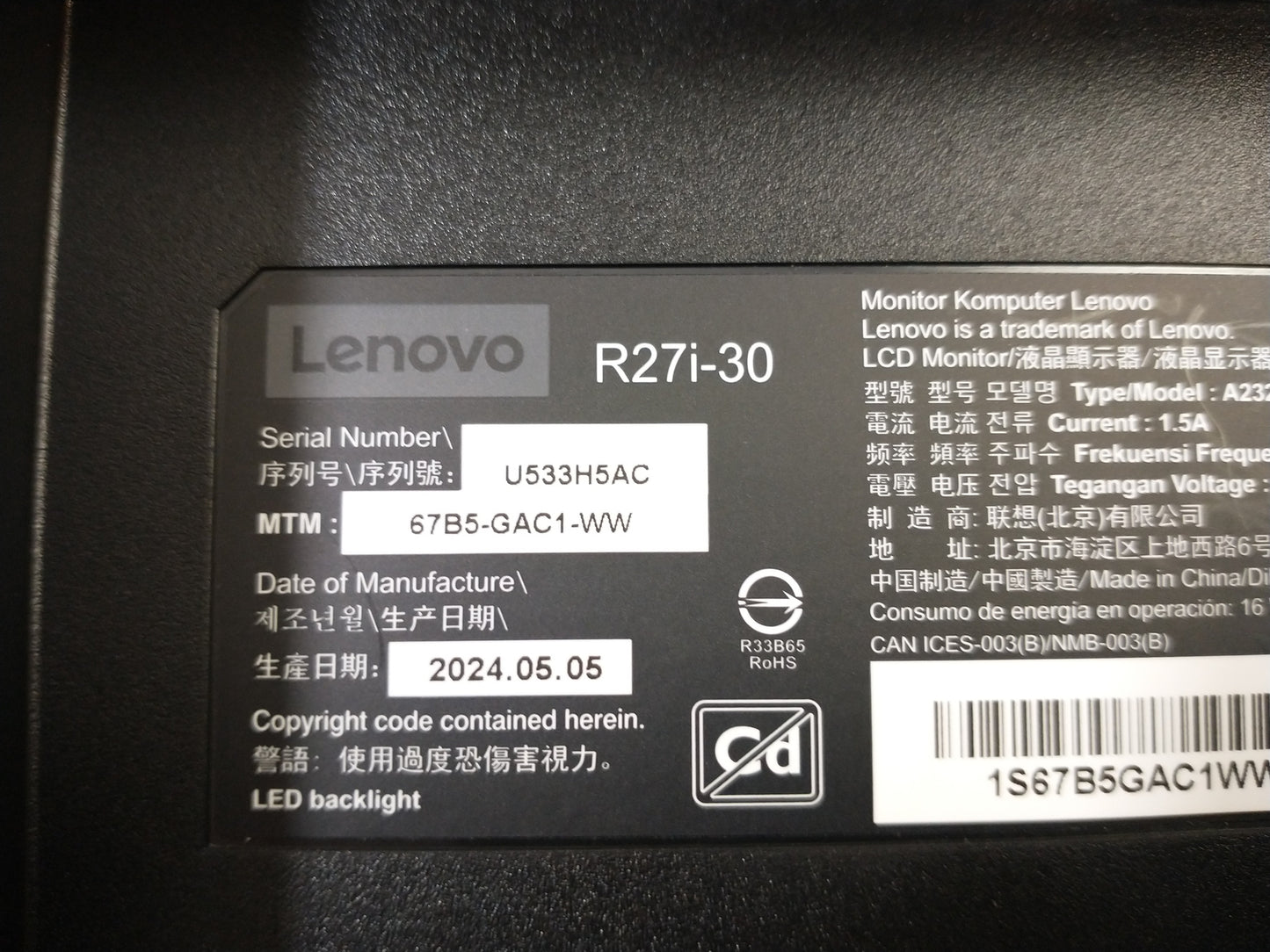 Lenovo Legion R27i-30 27" HDMI DP 1920x1080 Gaming Monitor With Stand