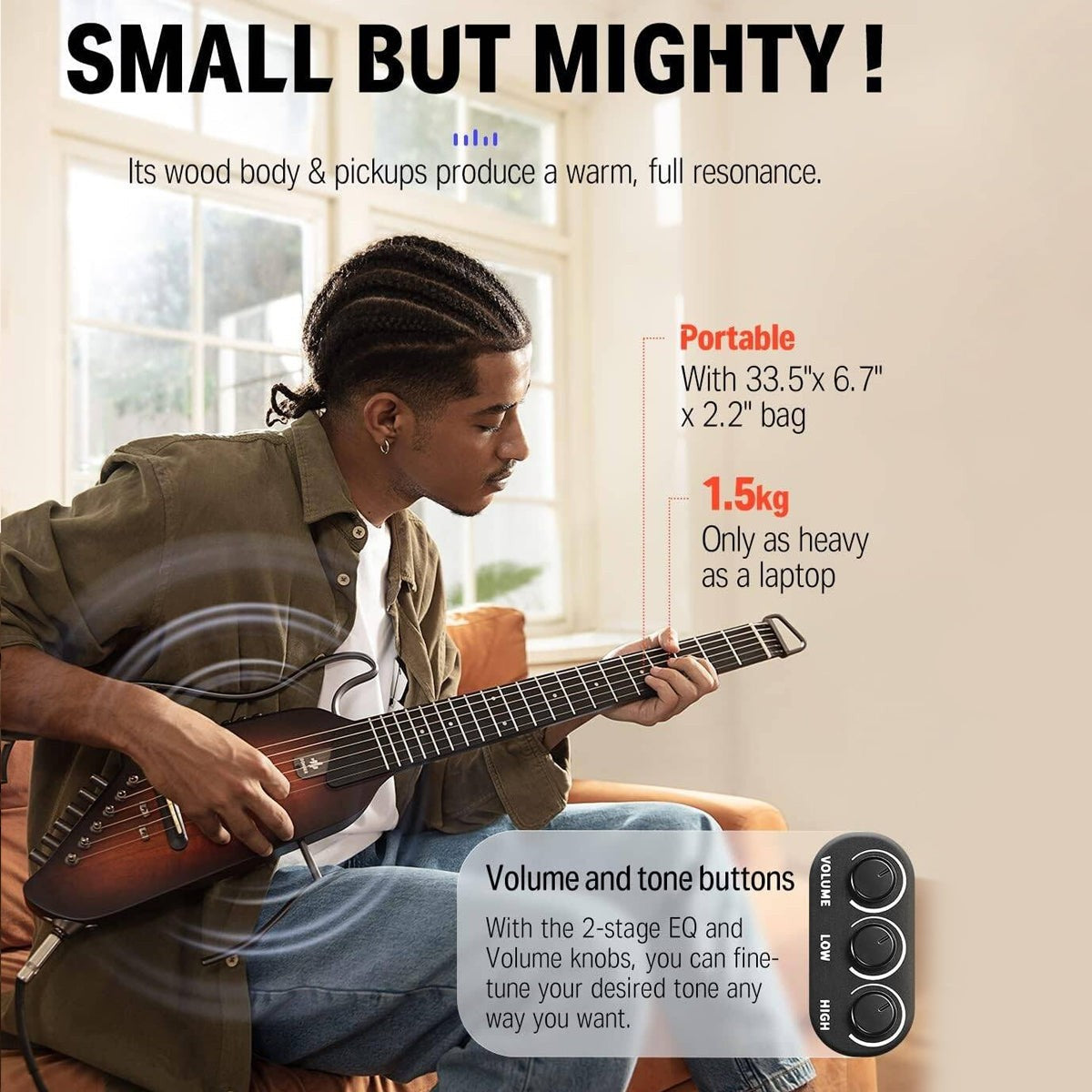 Donner HUSH-I Acoustic Electric Travel Portable Guitar ~ Sunburst