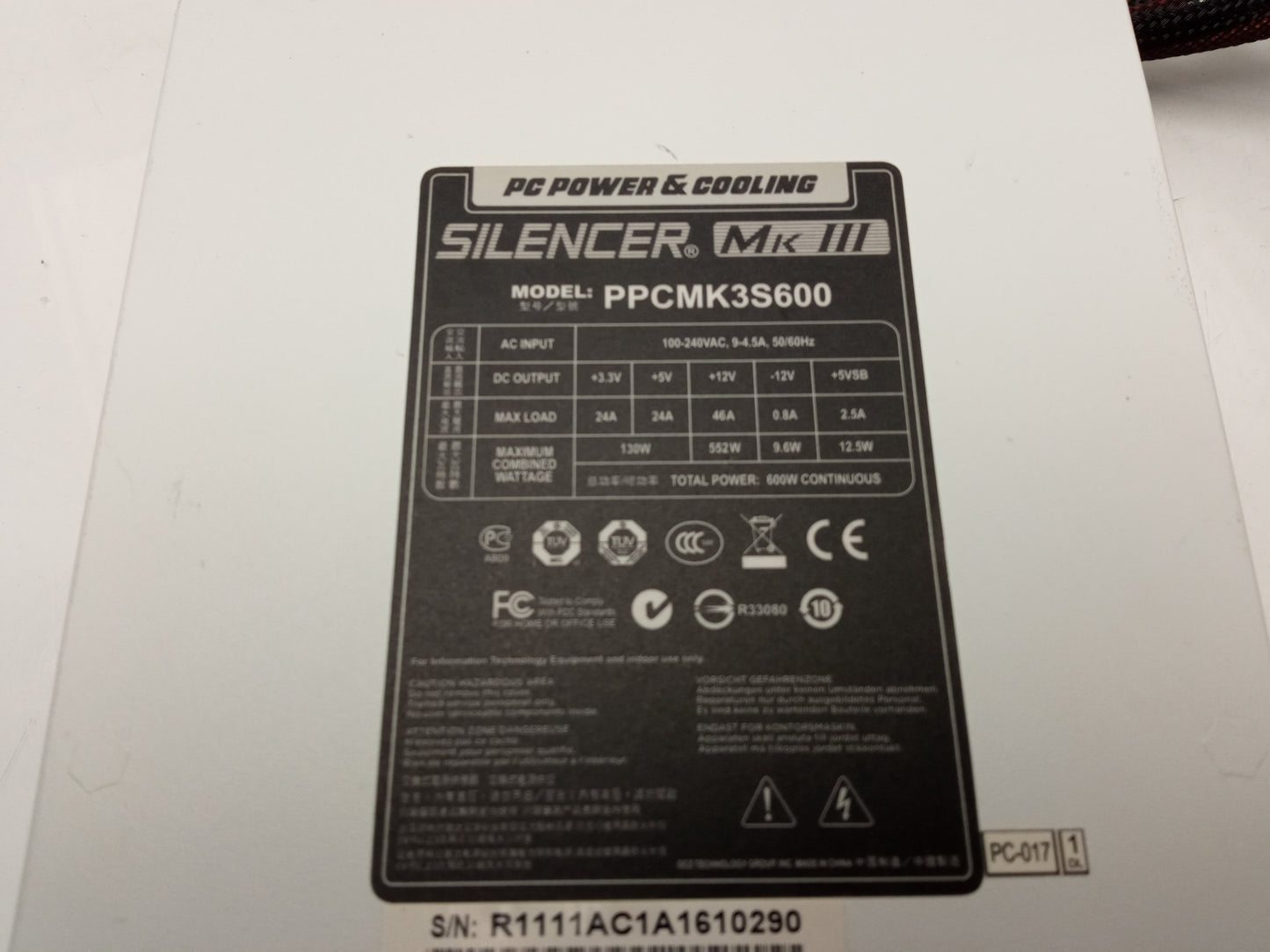 PC Power & Cooling Silencer MK III 600W ATX Modular Power Supply Unit PPCMK3S600