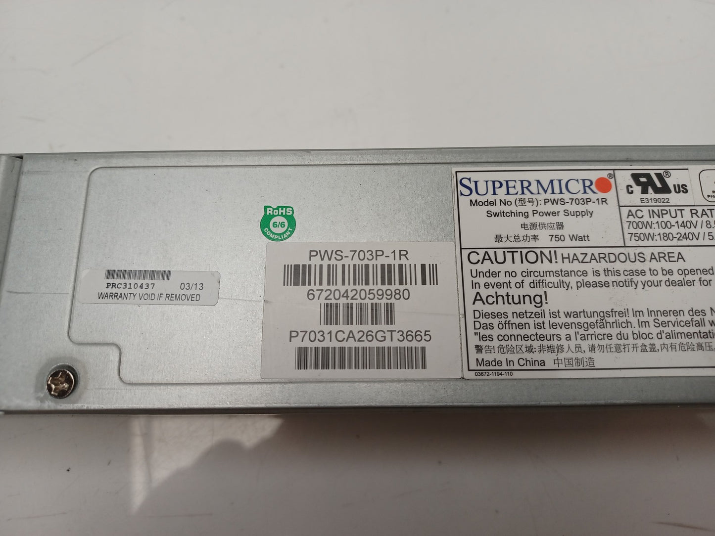 SuperMicro PWS-703P-1R 750W 1U Server Power Supply Unit