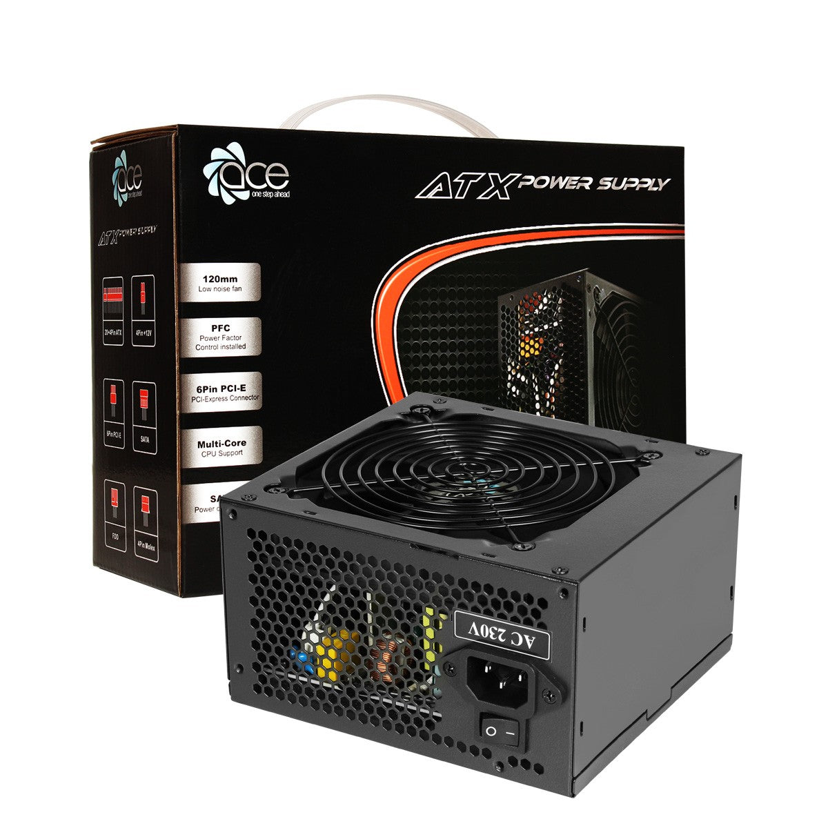 ACE 500W Black ATX Desktop Gaming PC - PSU Power Supply 120mm Red Cooling Fan
