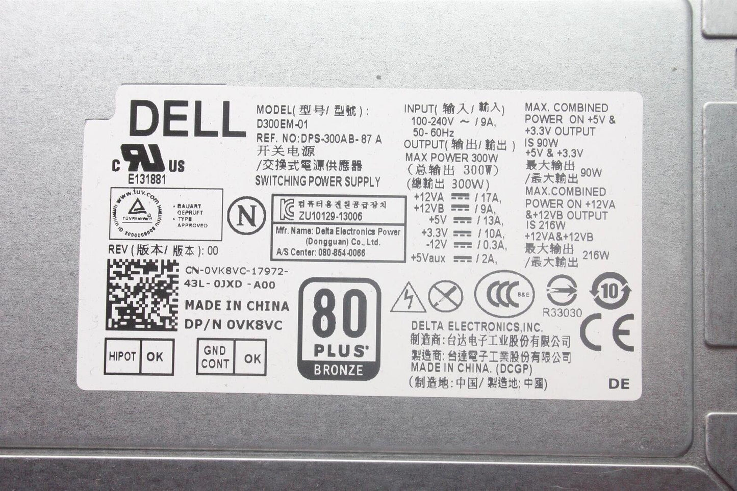 Dell Optiplex 7010 9010 300W Power Supply Unit 0VK8VC VK8VC