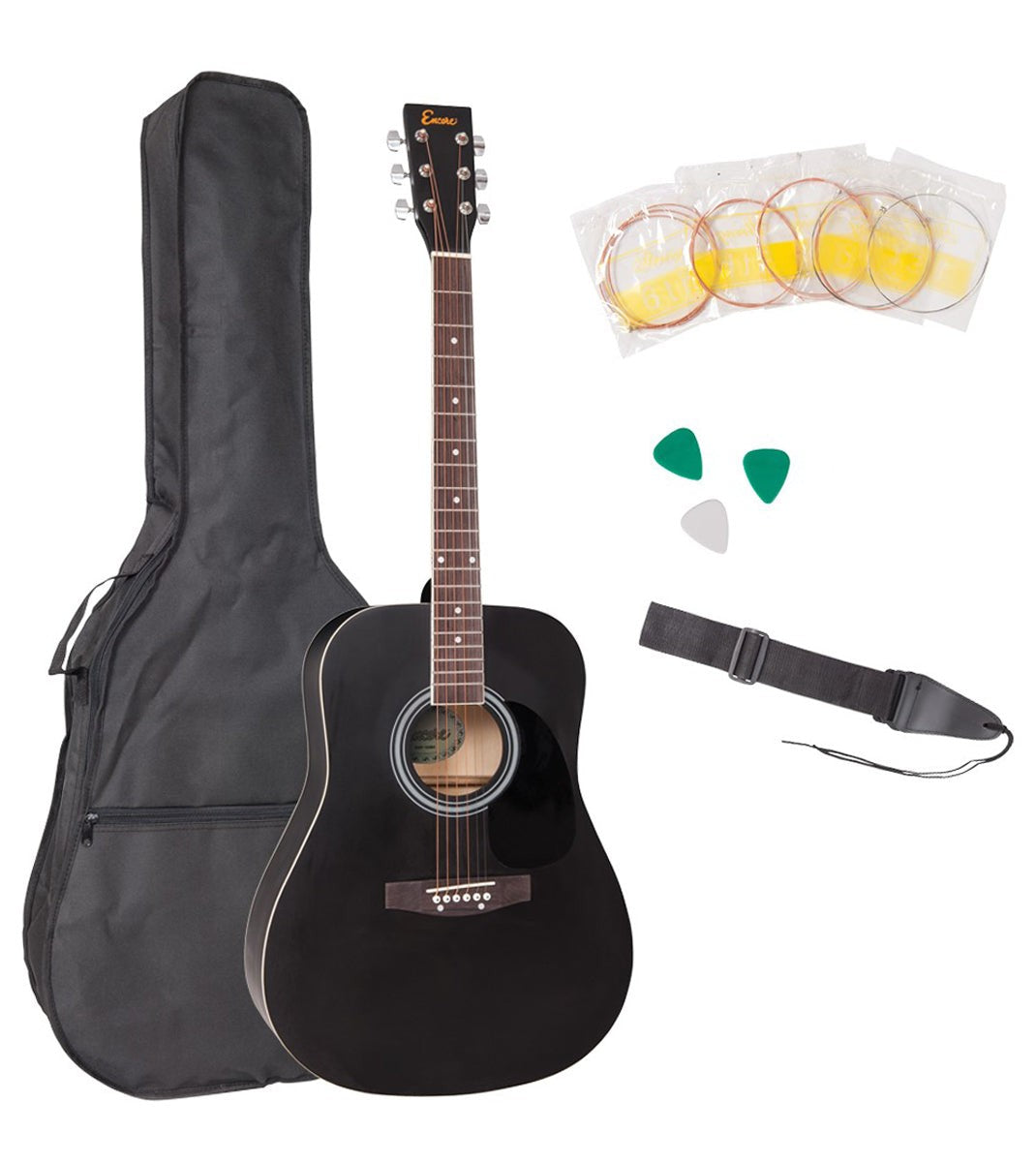 Encore Dreadnought Outfit Black Guitar - With Carry Case