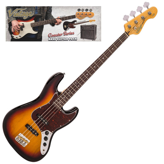 Vintage V49 Coaster Series Electric Bass Guitar Pack ~ 3 Tone Sunburst