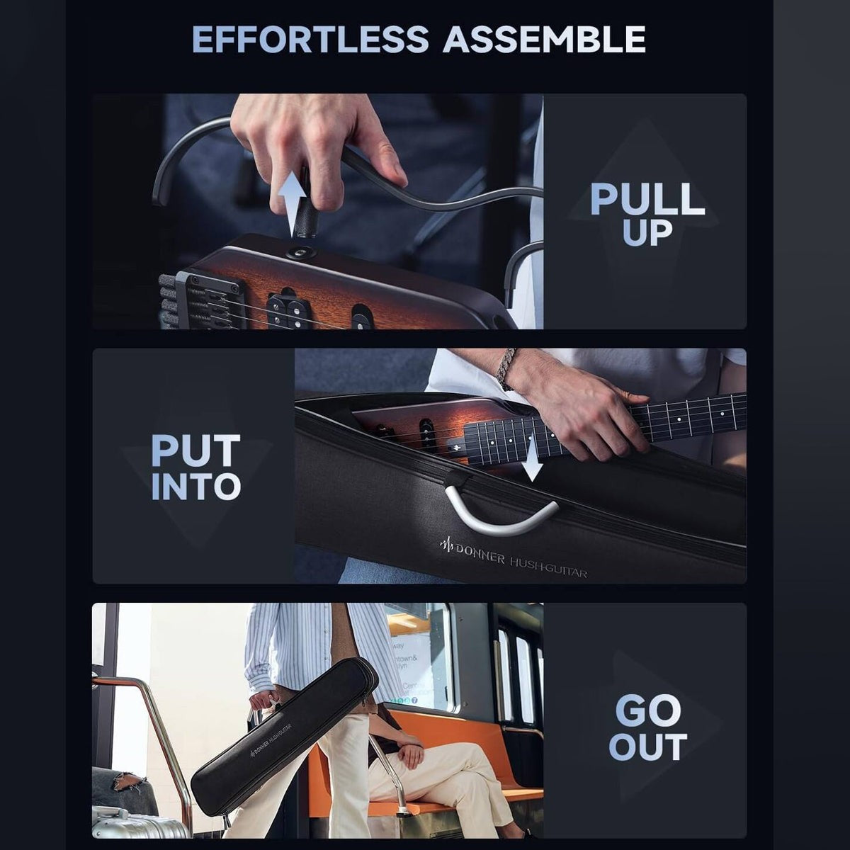 Donner HUSH-X Headless Electric Travel Guitar ~ Sunburst