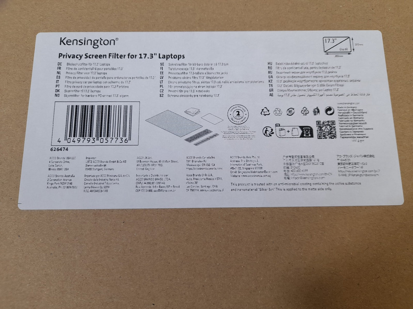 Kensington 626474 2 Way Removable Privacy Screen Filter - For 17.3" 16:9 Laptops