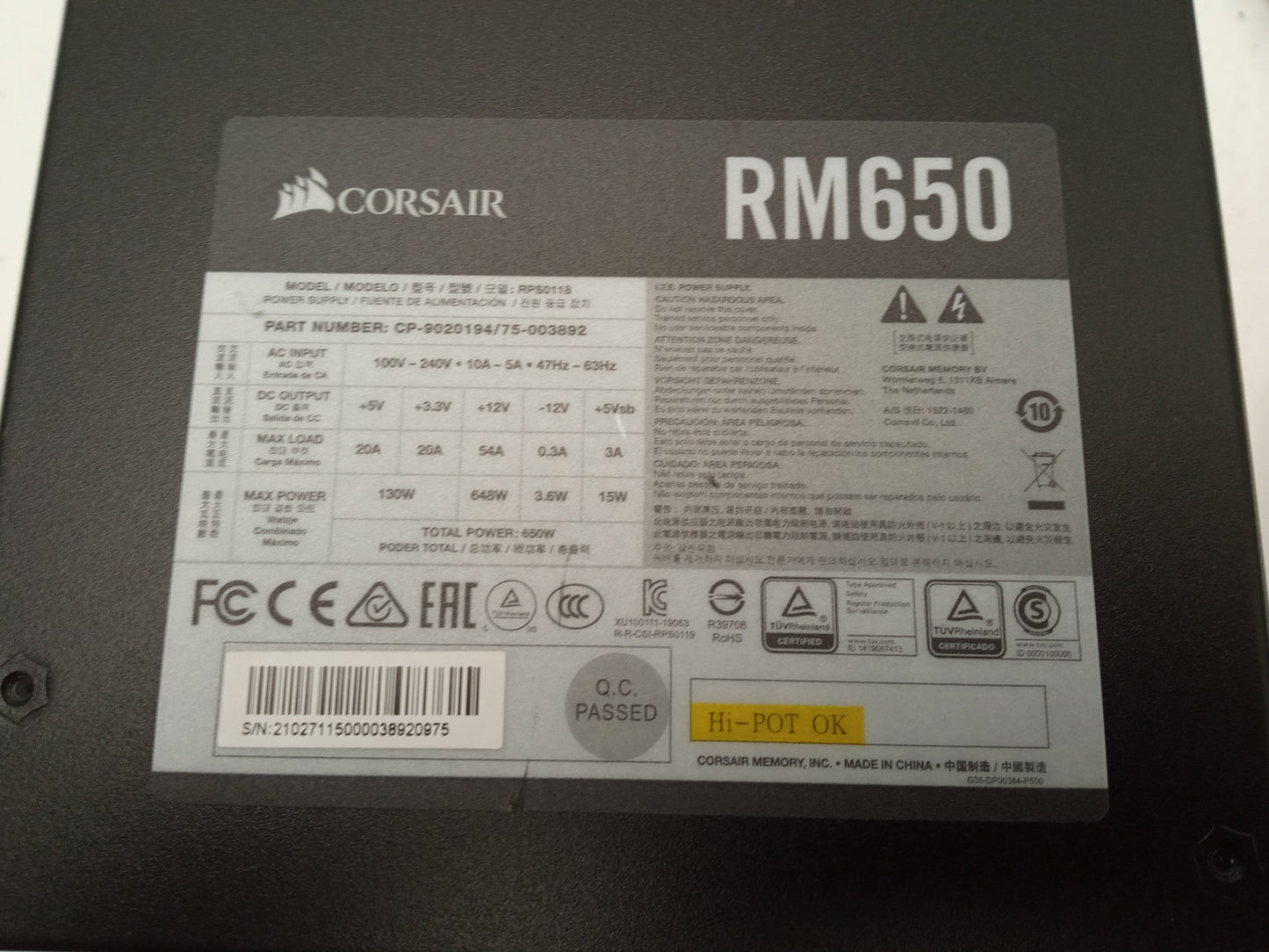 Corsair RM650 650W Modular ATX Power Supply Unit CP-90201940 75-003892