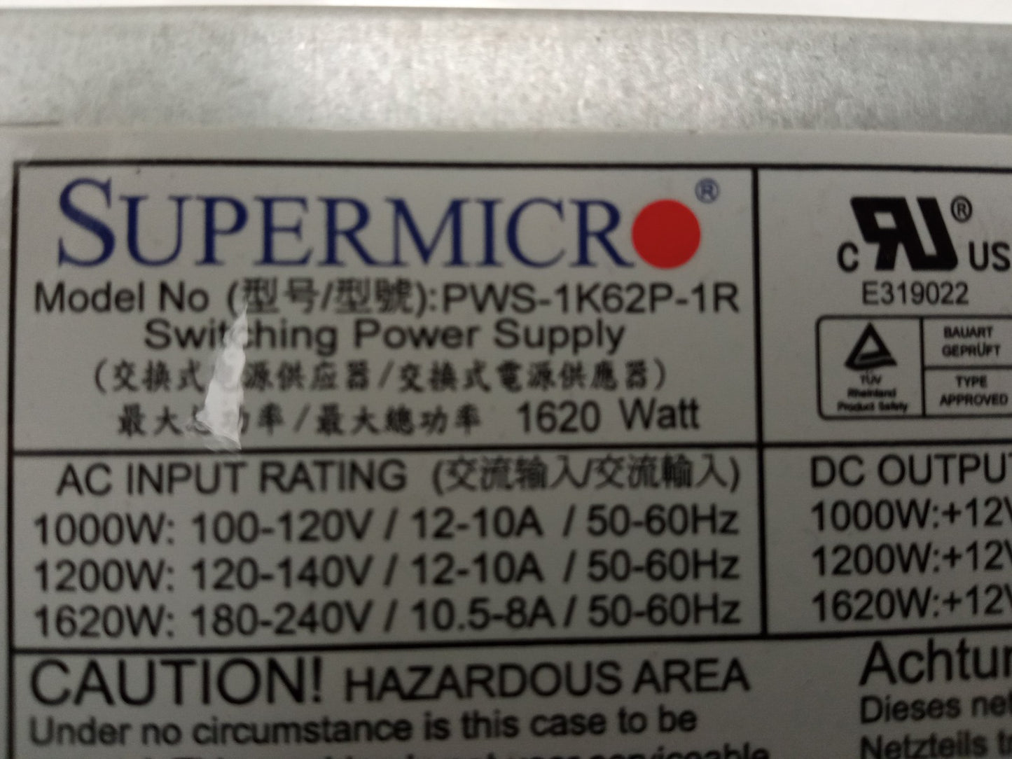 SuperMicro PWS-1K62P-1R 1620W Server Power Supply Unit