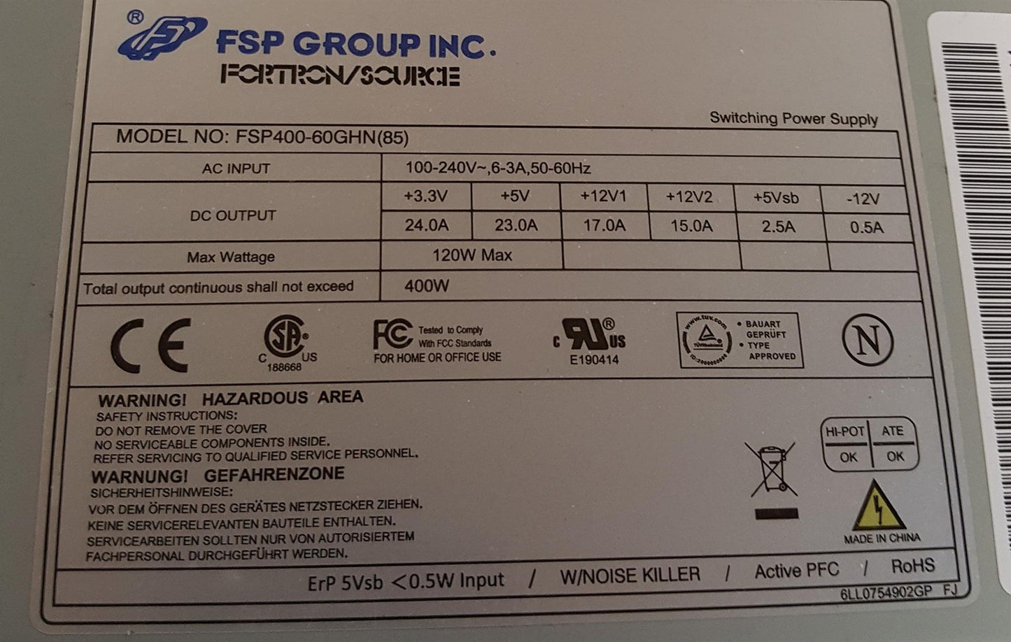 FSP Group 400W Desktop PSU ATX Power Supply Unit FSP400-60GHN 9PA4007304