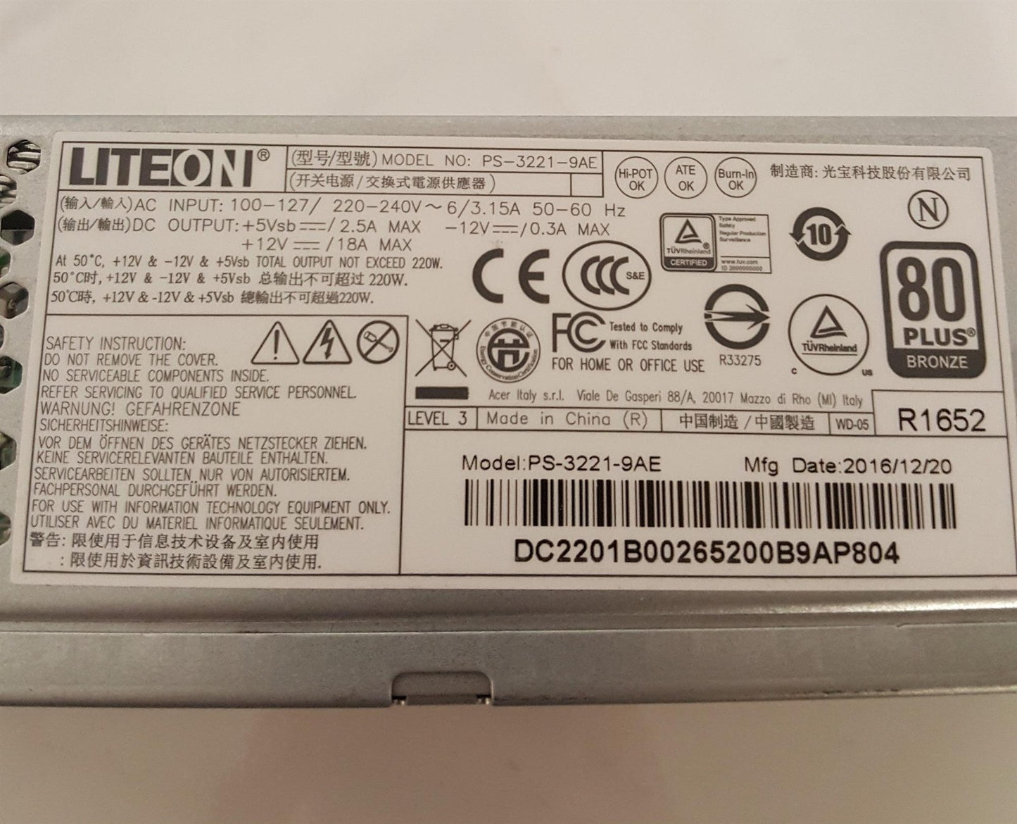 Acer Veriton X4630 X4650 220W LiteOn Power Supply Unit PS-3221-9AE