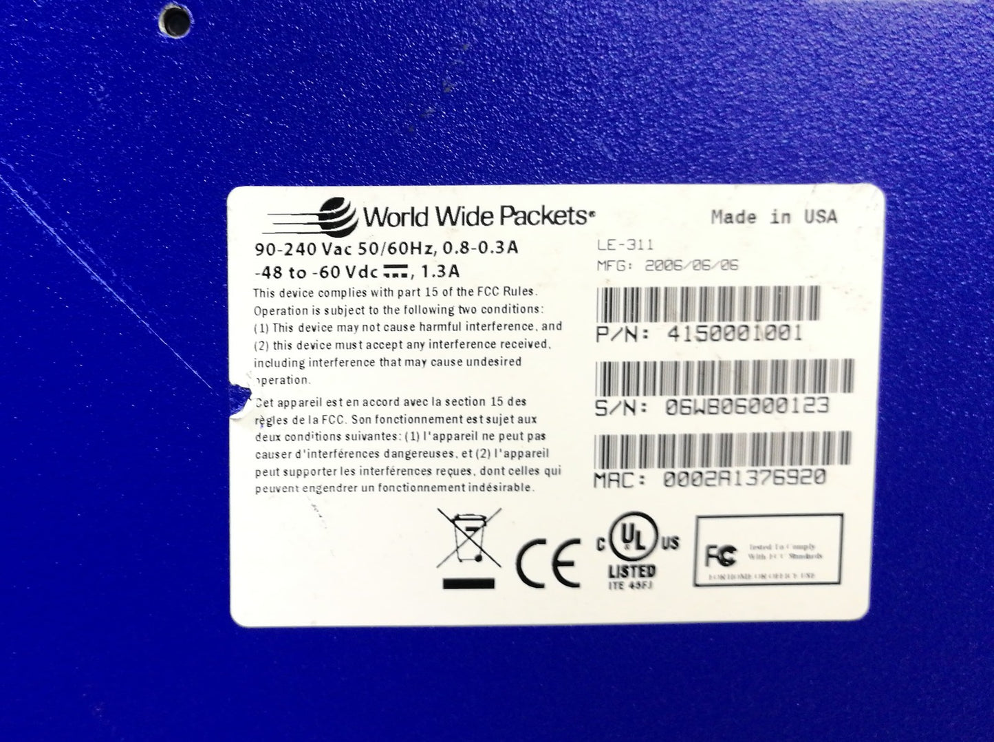 Worldwide Packets Lightning Edge 311 LE-311 Fast Ethernet 24 Port Network Switch