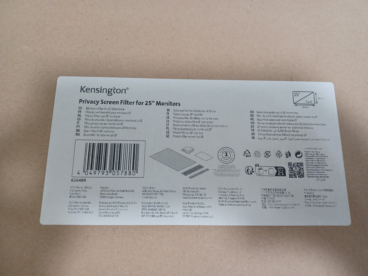 Kensington Privacy Screen Filter For 25" 16:9 Monitors 626484
