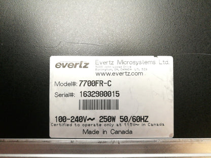 Evertz 7700FR-C Chassis W/ 2x Evertz 7700/7800 VistaLINK 7707MT-HD2 Fiber