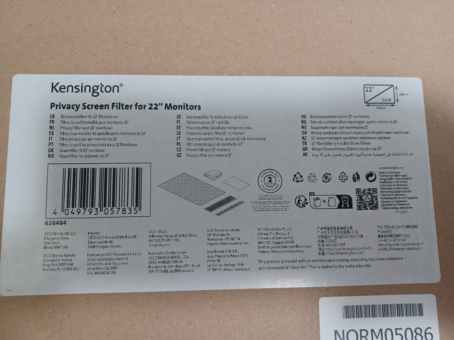 Kensington Privacy Screen Filter For 22" 16:9 Monitors 626484