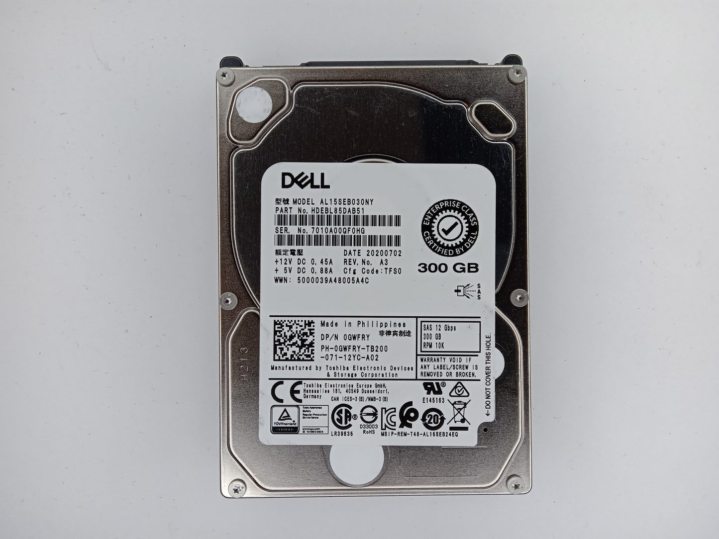 Dell 0GWFRY GWFRY AL15SEB030NY 300GB 2.5in SFF 128MB 10000RPM SAS Hard Drive HDD