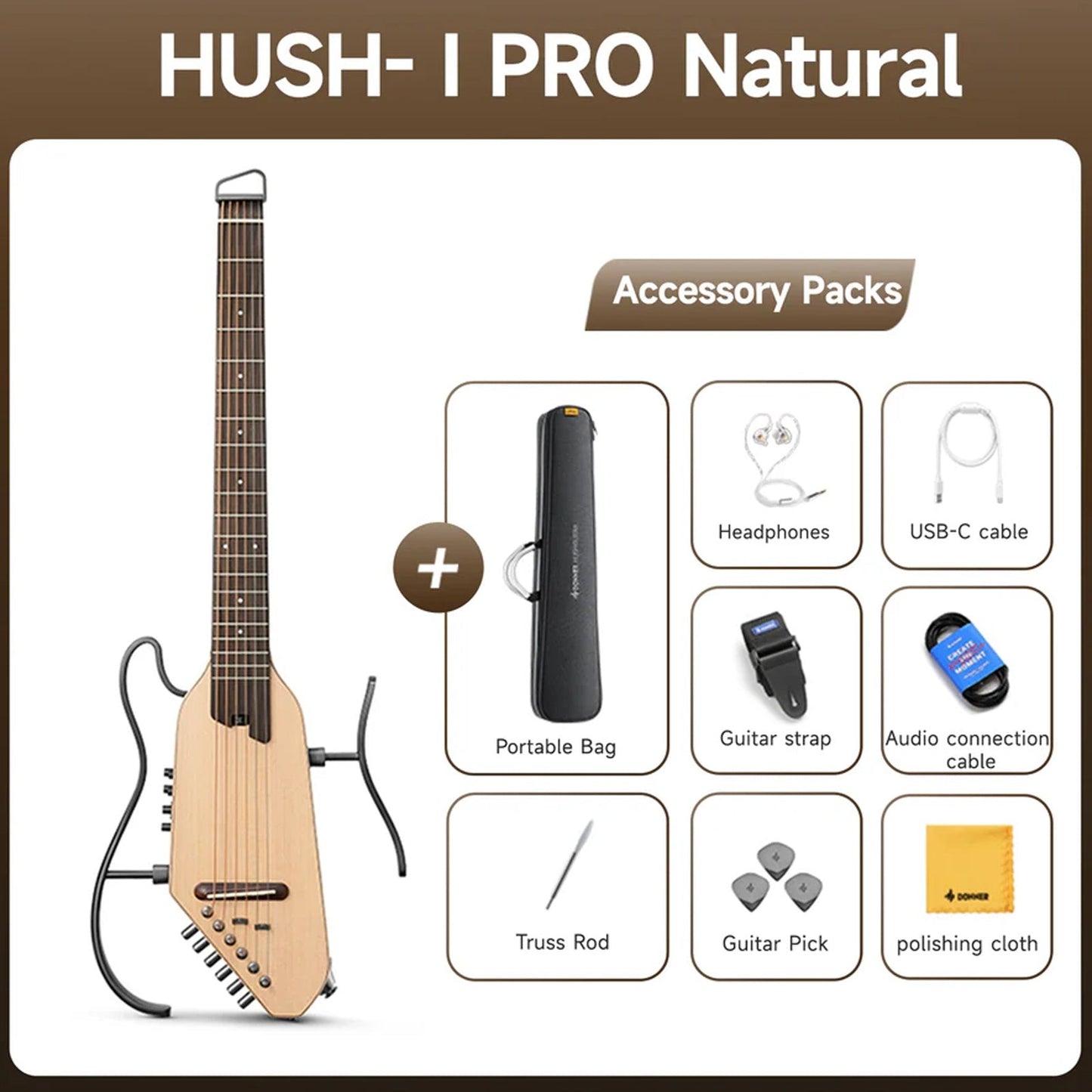 Donner HUSH-1PRONAT Headless Electric Guitar ~ Natural