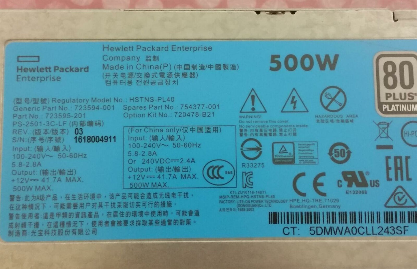 HP ProLiant G9 DL390 DL380 ML350 500W Server Power Supply 723594-001 723595-201