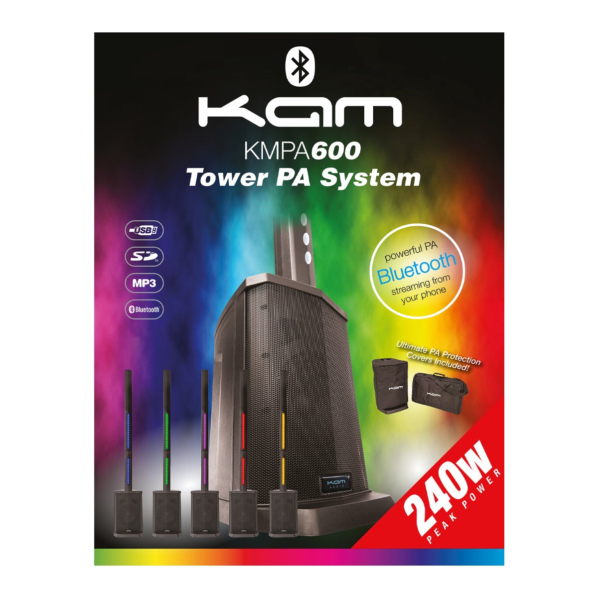 KAM KMPA600 240W Compact Tower PA System - With Lighting And Carry Bag