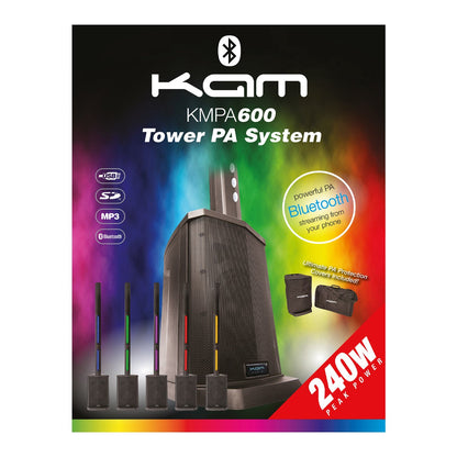 KAM KMPA600 240W Compact Tower PA System - With Lighting And Carry Bag