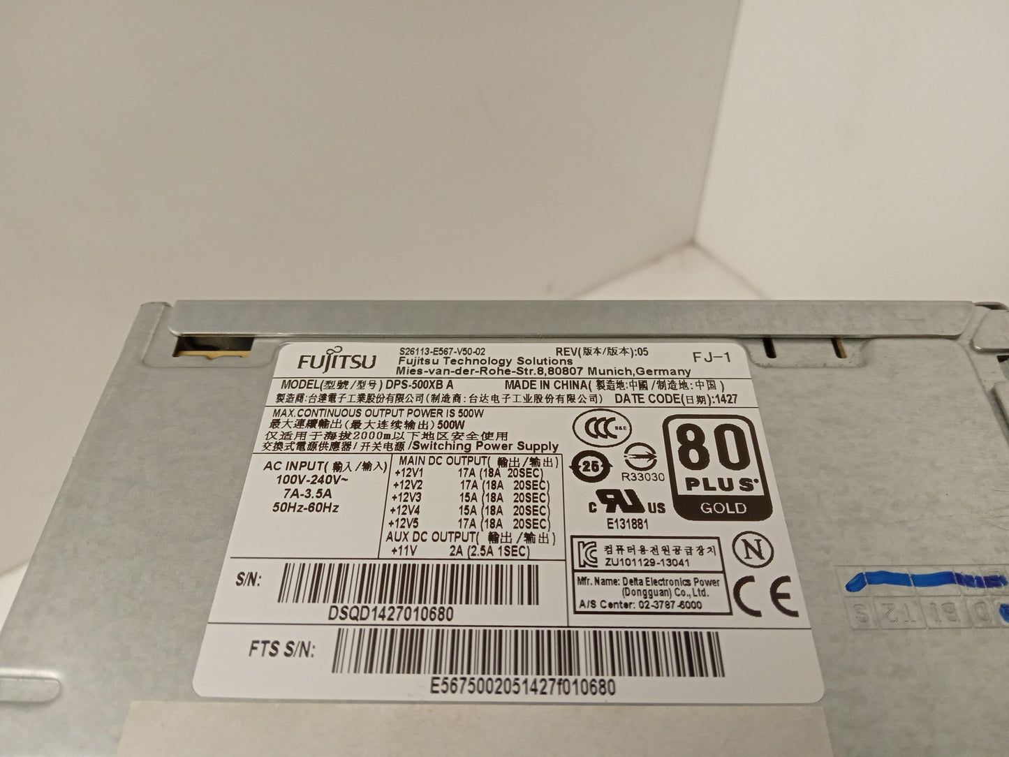 Fujitsu Prymergy TX150 S8 500W Server Power Supply Unit S26113-E567-V50-02