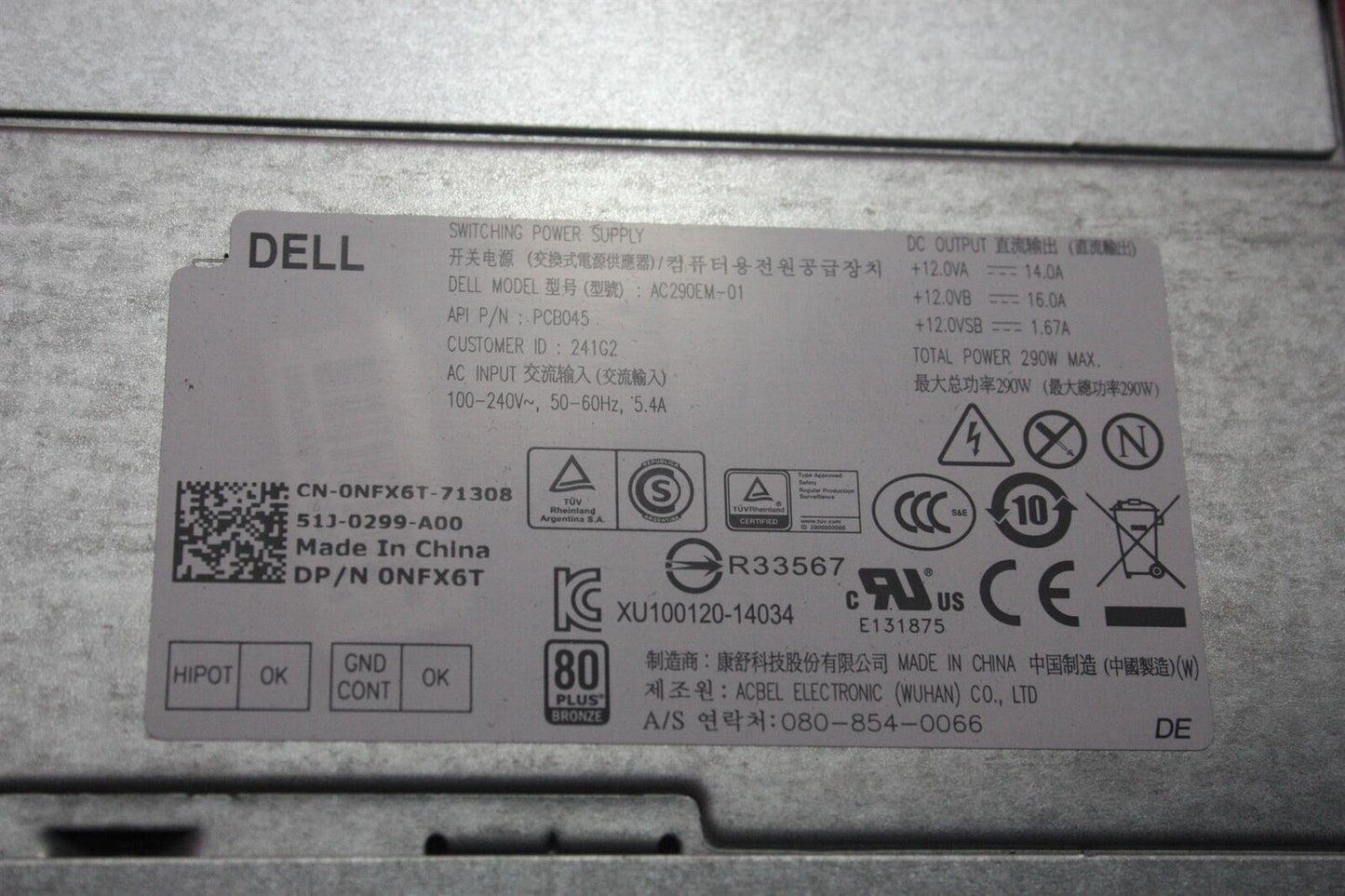 Dell OptiPlex 7020 9020 290W Power Supply Unit 0NFX6T NFX6T