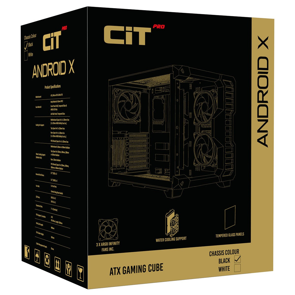 CiT Pro Android X Gaming Cube ATX Mid-Tower Dual Chamber Black PC Computer Case
