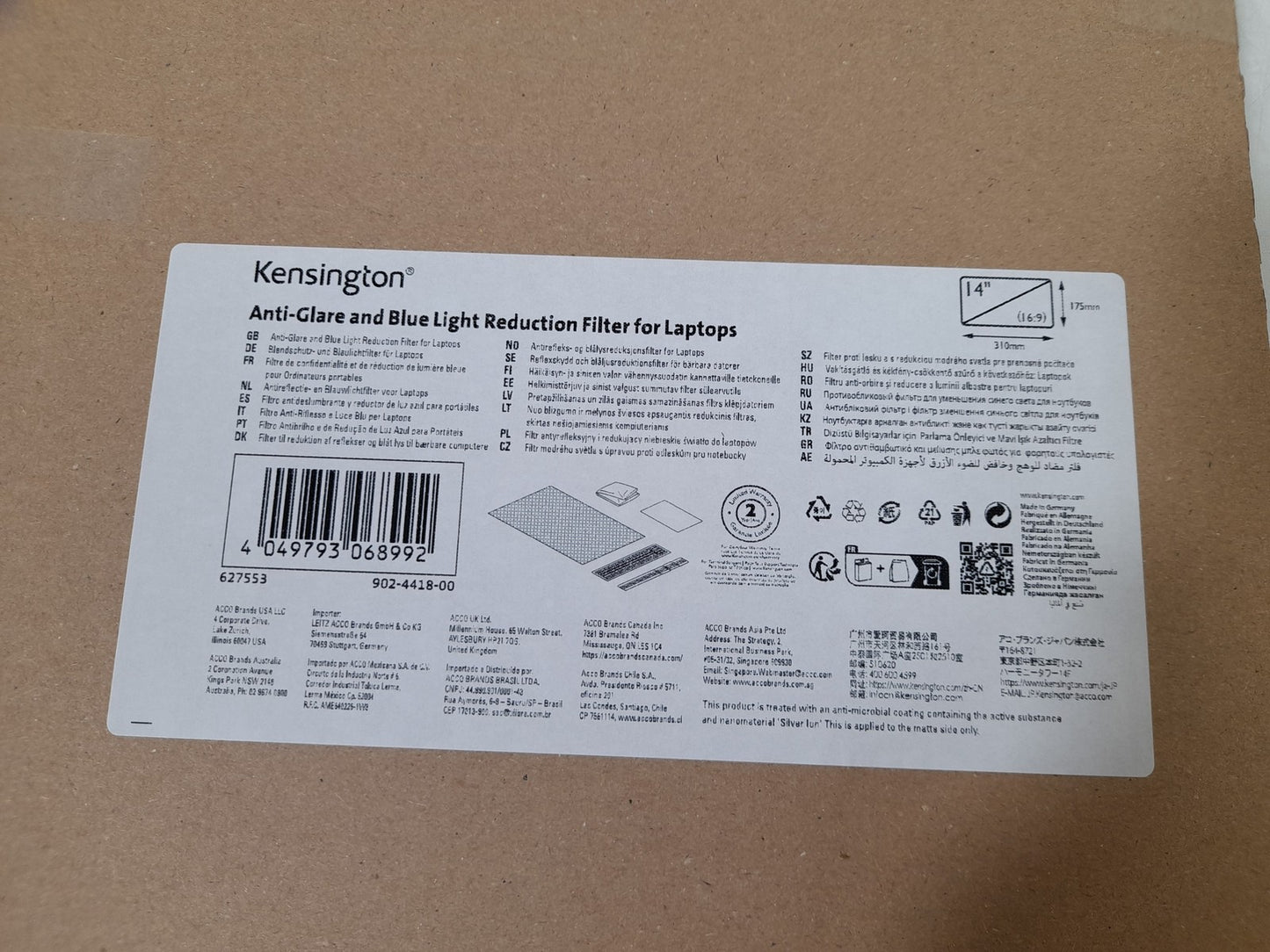 Kensington 627553 Anti-Glare and Blue Light Reduction Filter For 14" Laptops