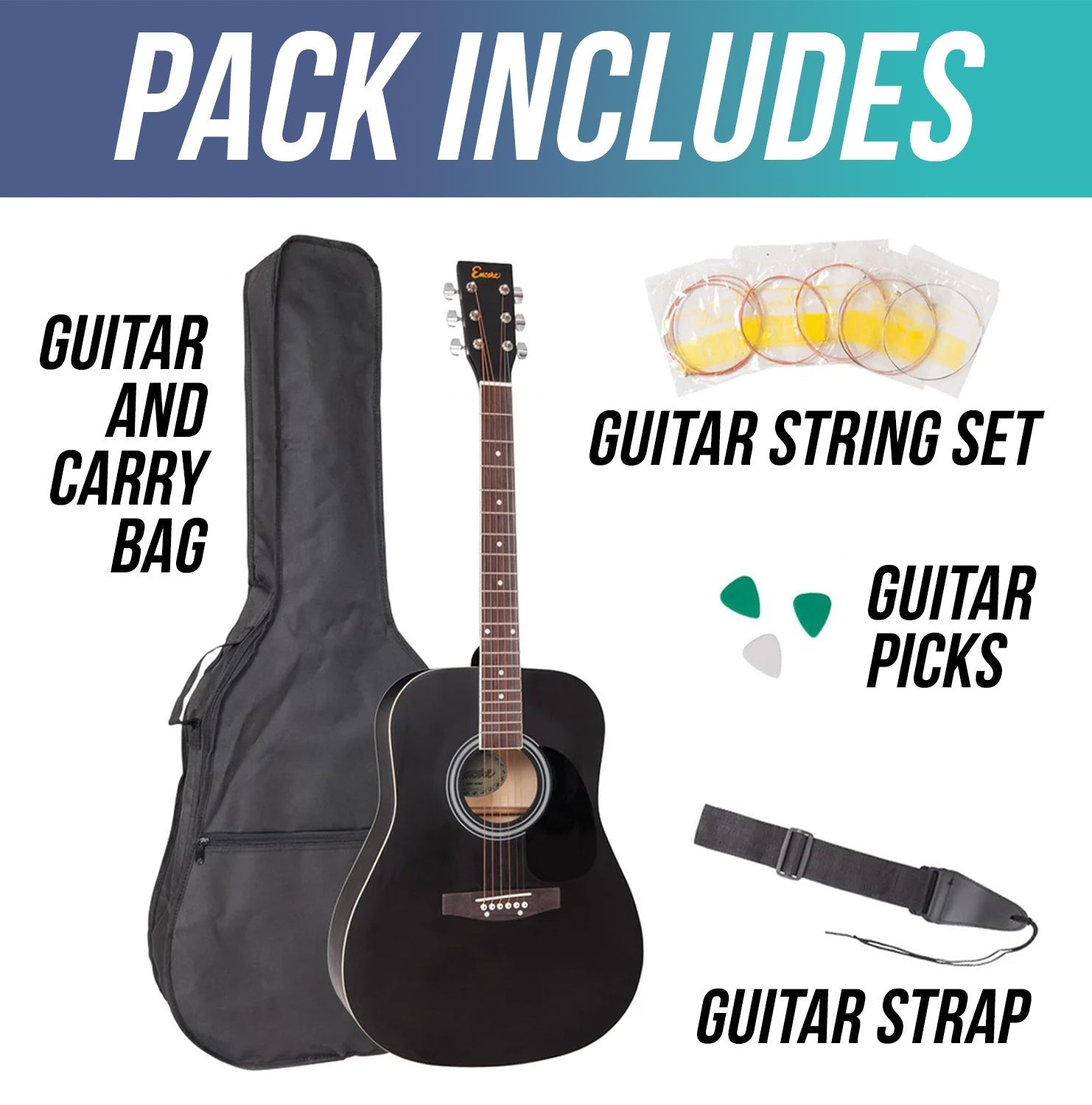 Encore Dreadnought Outfit Black Guitar - With Carry Case