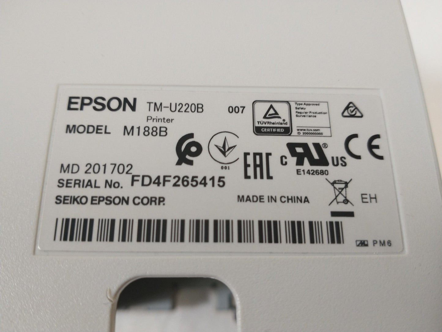 Epson Micros TM-U220B M188B White Parallel Port Thermal Receipt Printer w/ PSU