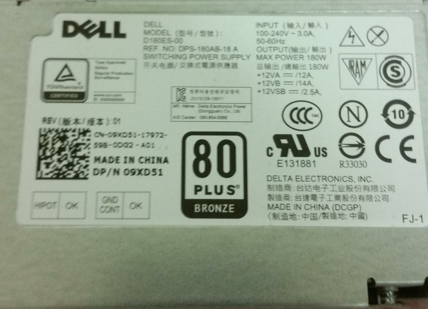 Dell OptiPlex 5040 SFF 180W Power Supply Unit 09XD51 9XD51