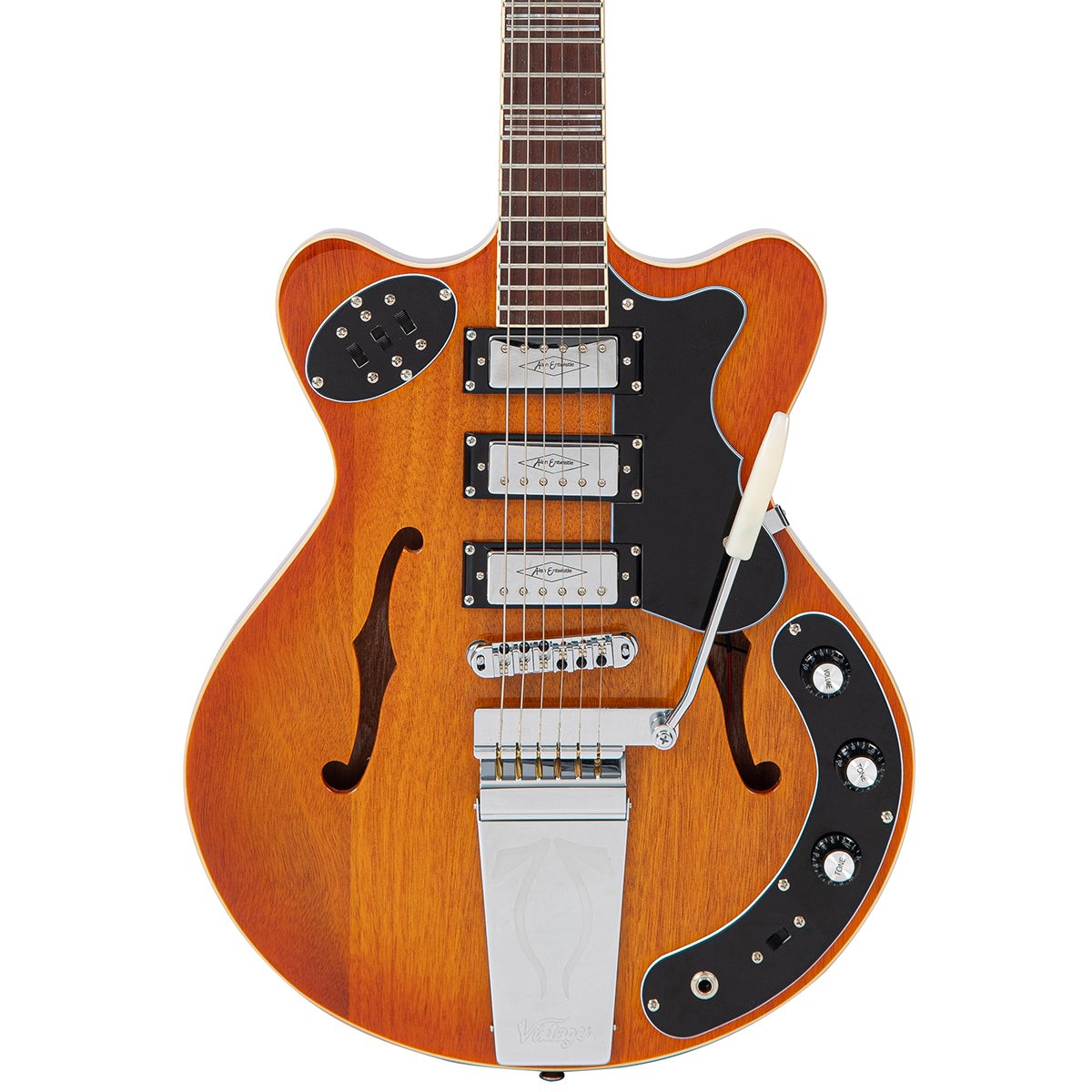 Vintage REVO Series 'Superthin' Electric Guitar ~ Amberburst