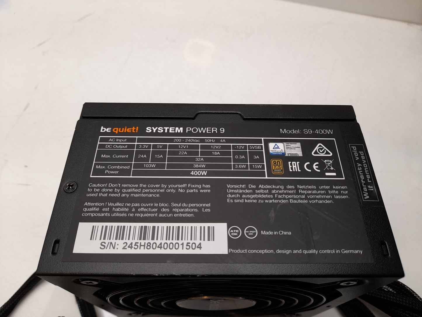 Be Quiet! S9-400W 400W ATX Power Supply Unit