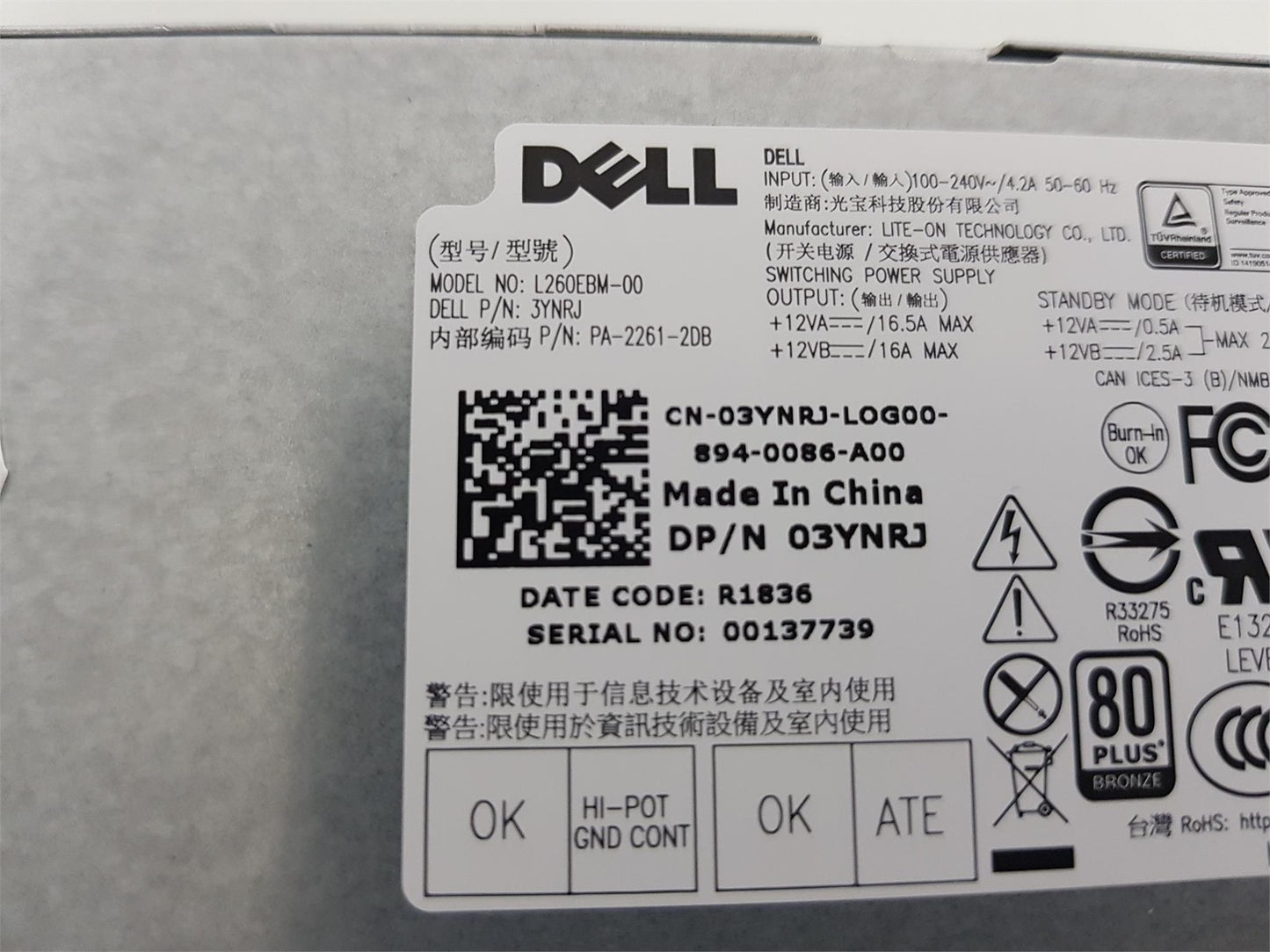 Dell Optiplex 3060 7060 260W Power Supply Unit 03YNRJ 3YNRJ